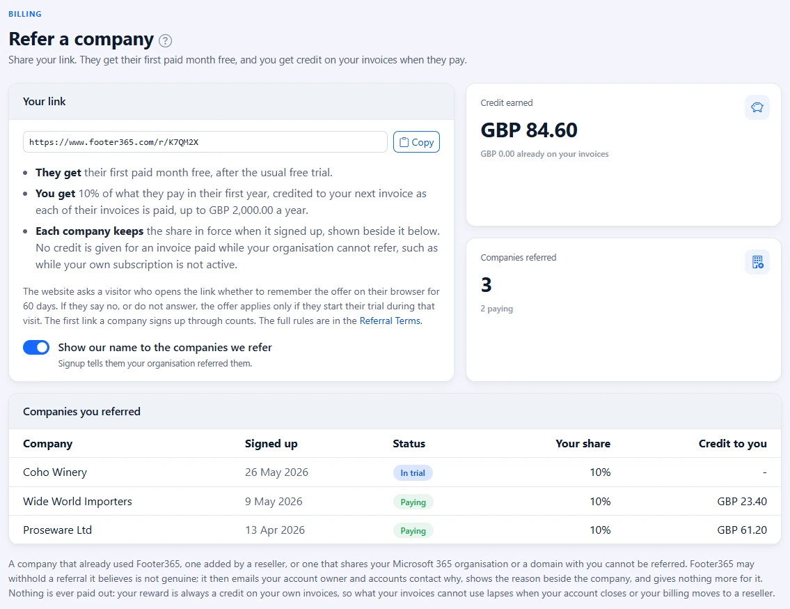 The Refer a company page with the organisation's link, what each side gets, the credit earned and three companies it referred