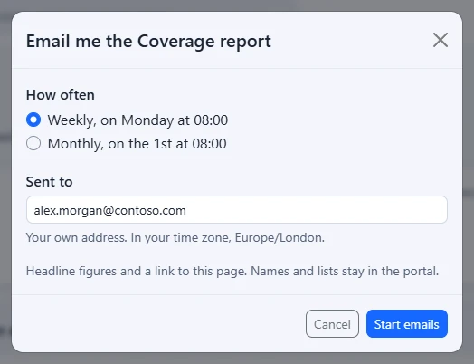 The Email me the Coverage report window, with the choice of weekly or monthly, the address it is sent to and the Start emails button