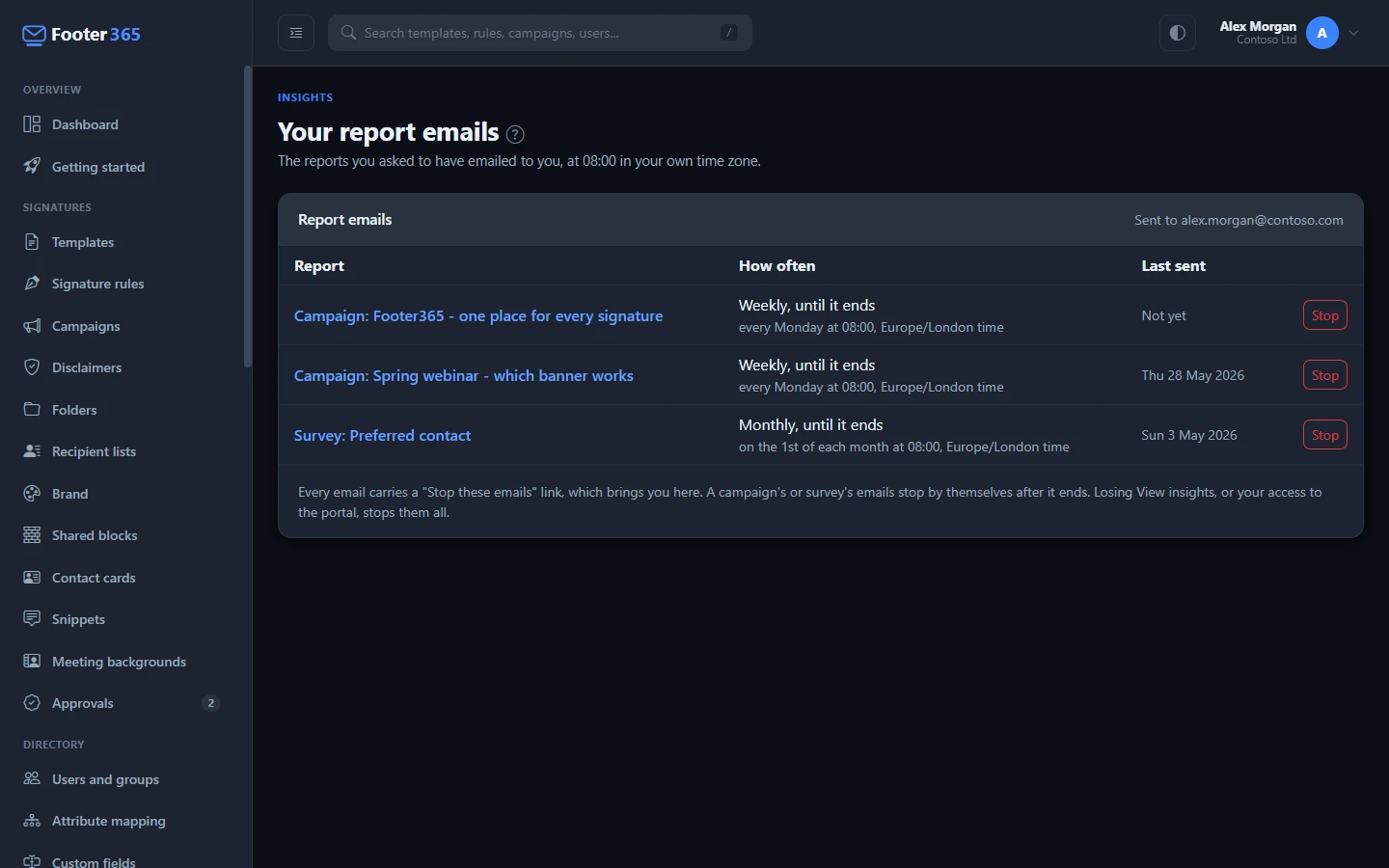 The Your report emails page listing three report emails, each with how often it is sent, when it was last sent and a Stop button