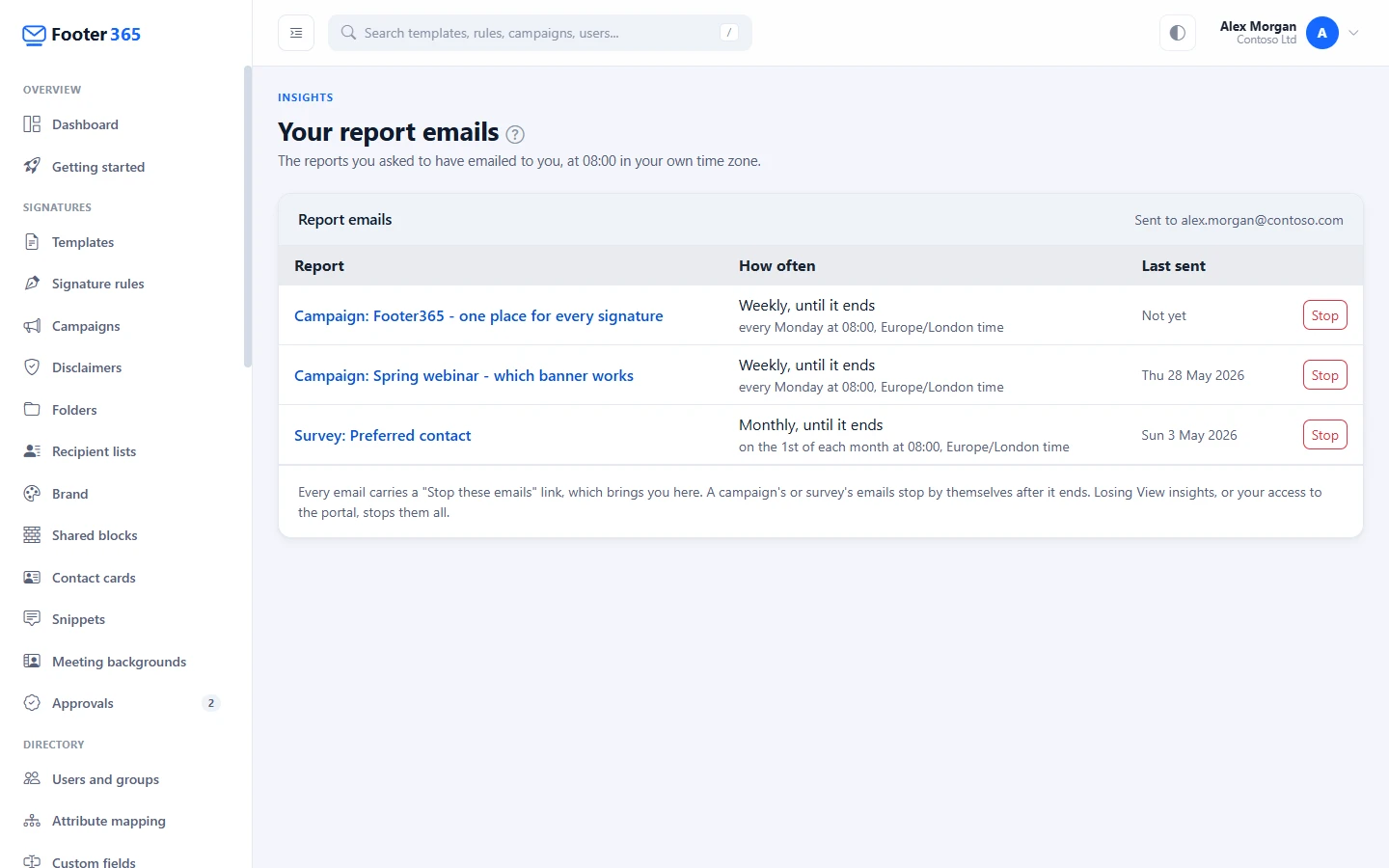 The Your report emails page listing three report emails, each with how often it is sent, when it was last sent and a Stop button