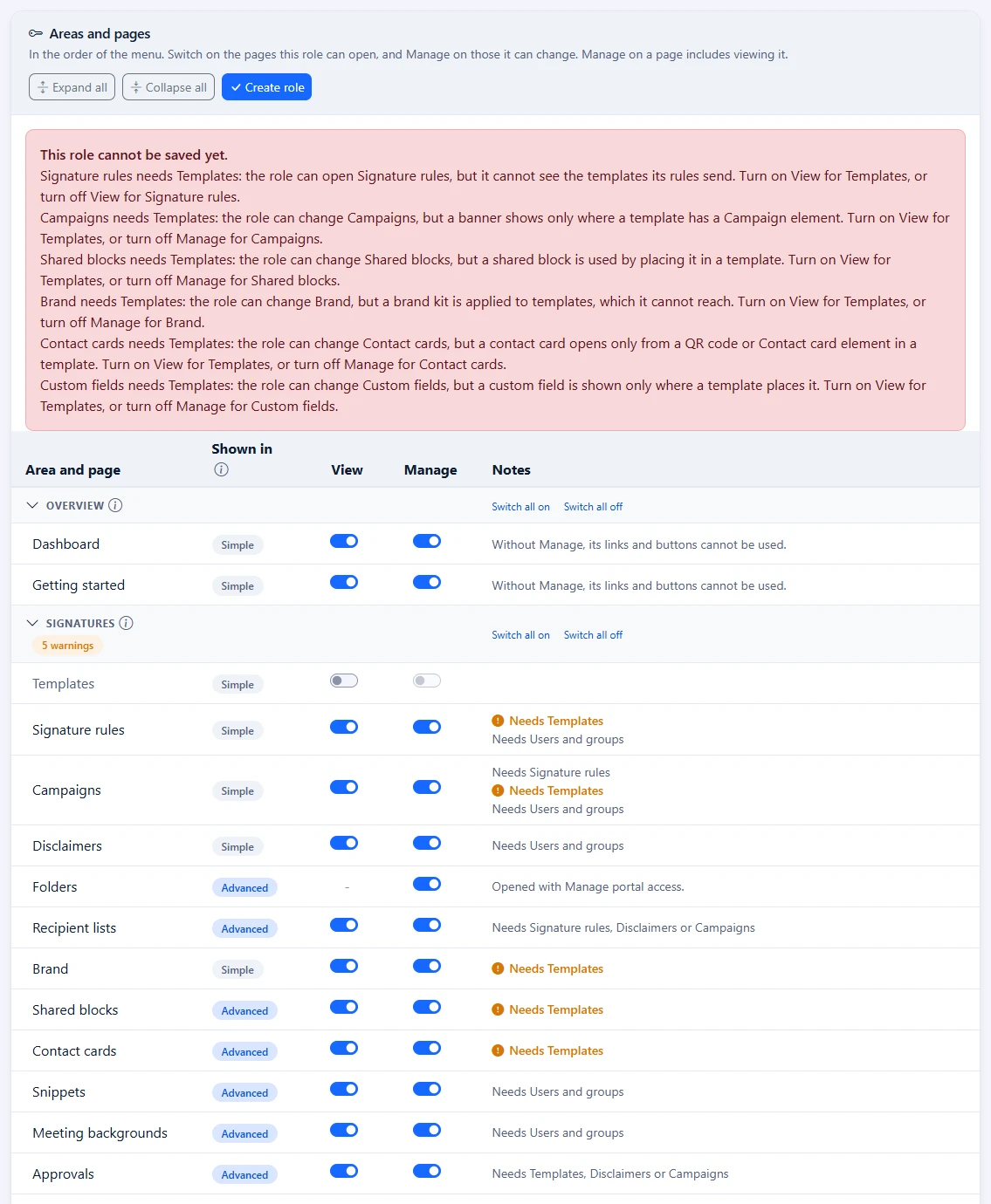 The role editor with Templates switched off for a role that manages signatures, the warnings it raises in Notes and the alert saying the role cannot be saved yet