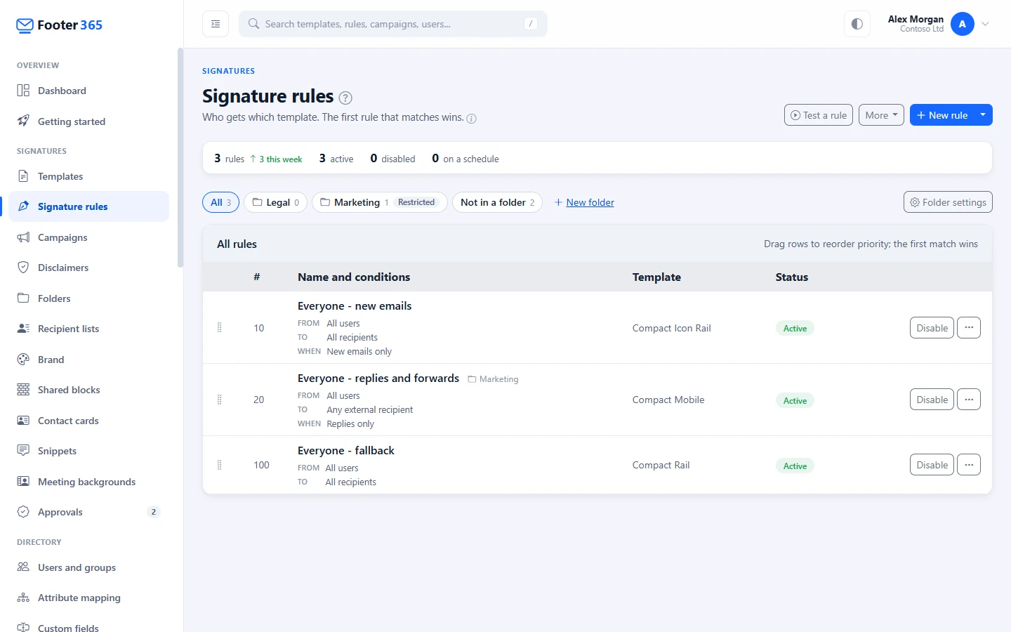 The Signature rules page listing rules in priority order