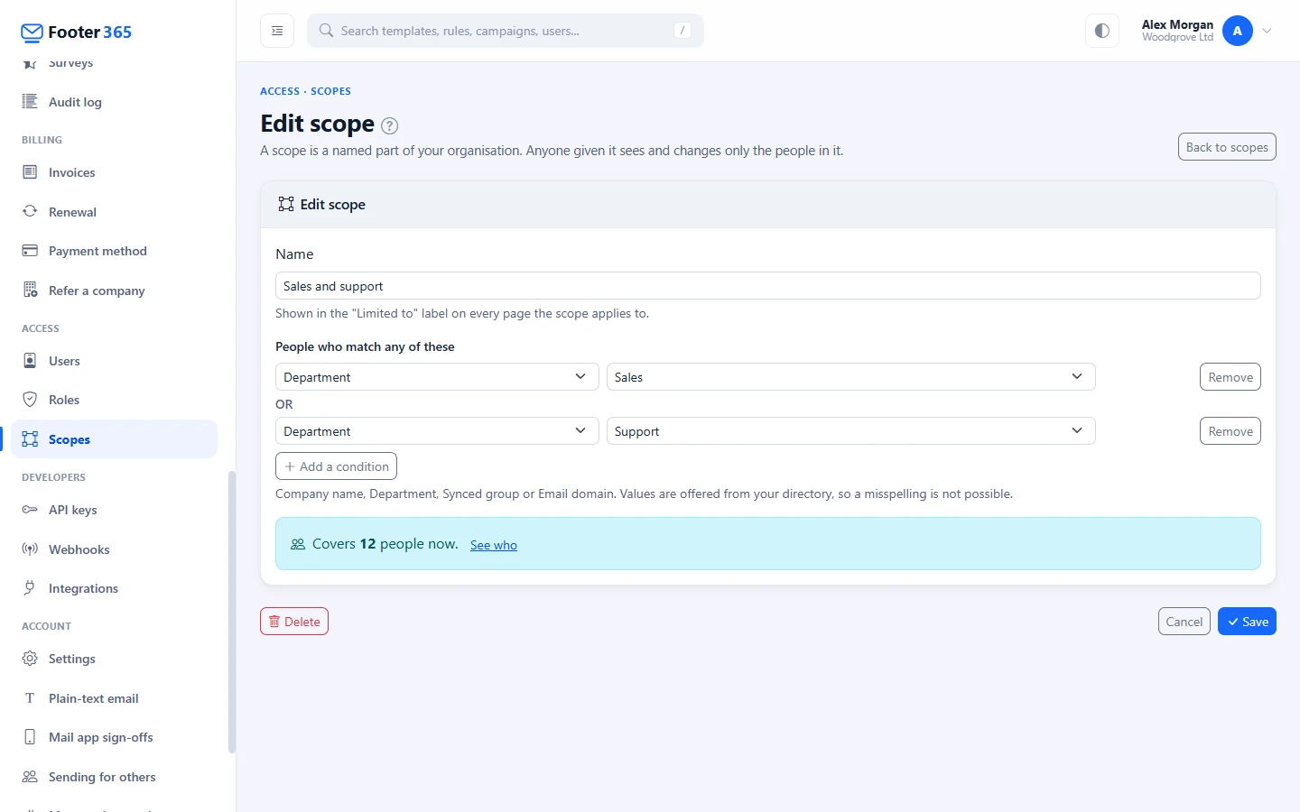 A scope's page with its name, two conditions joined by or, and the line saying how many people it covers now