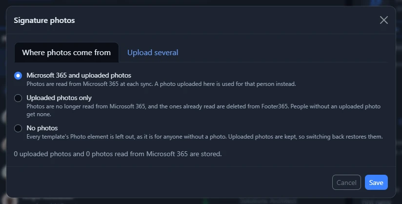 The Photos window on Users and groups, with the three choices for where signature photos come from