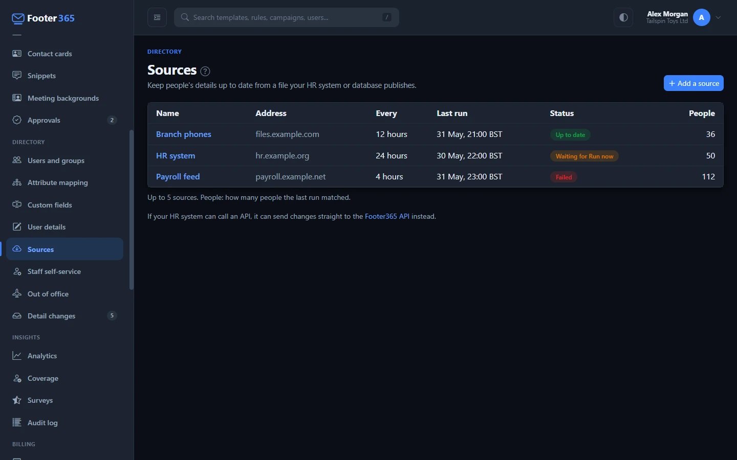 The Sources page listing three sources with their address, how often each is read, when it last ran, its status and the people the last run matched