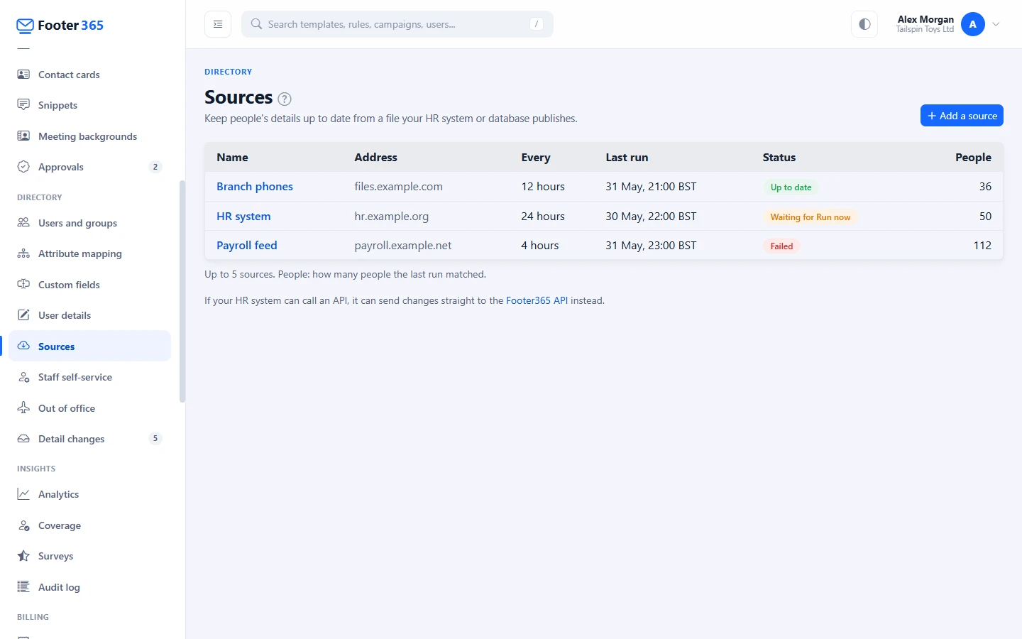The Sources page listing three sources with their address, how often each is read, when it last ran, its status and the people the last run matched