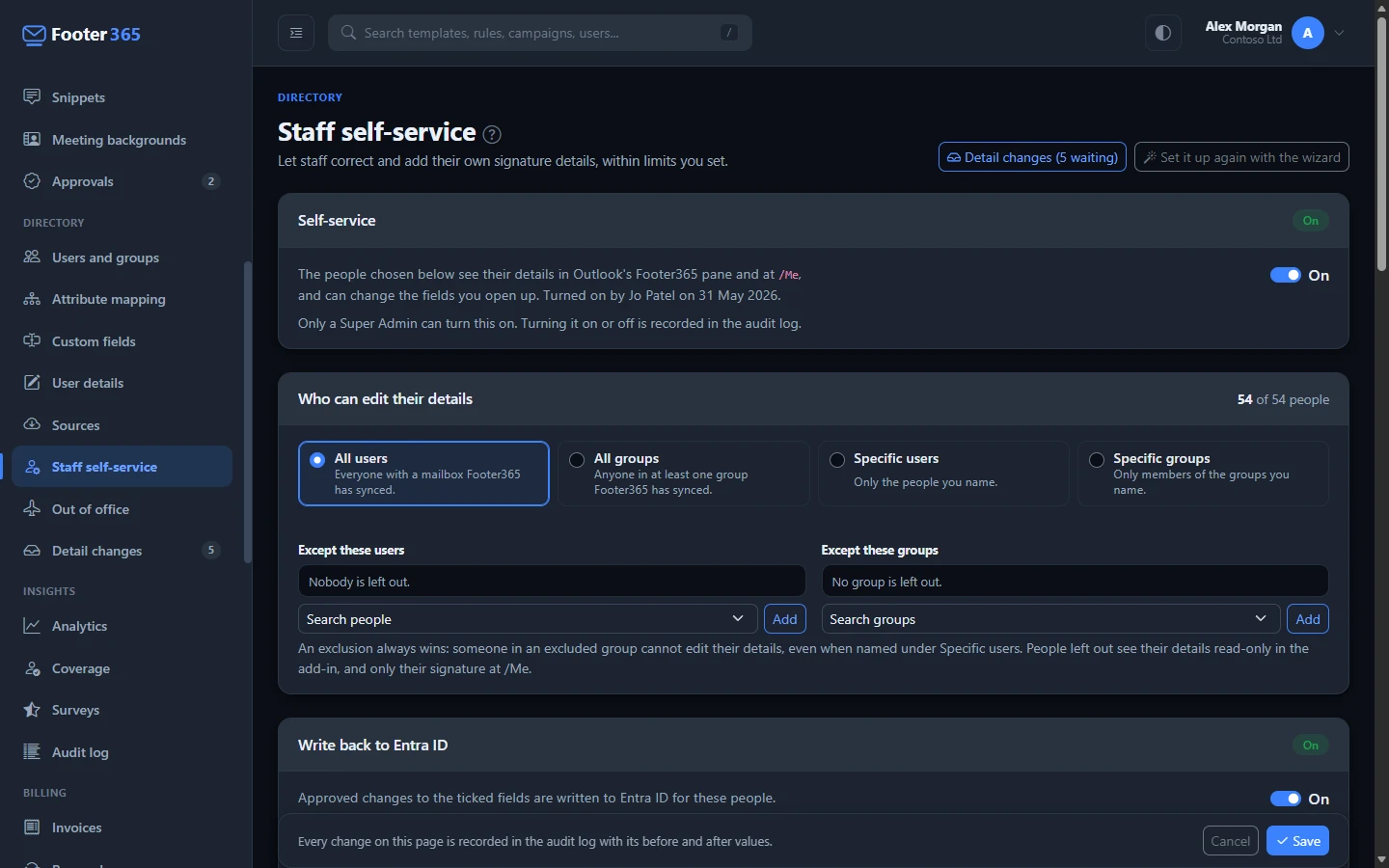 The Staff self-service page switched on, with who can edit their details, the write back card and the field policies table