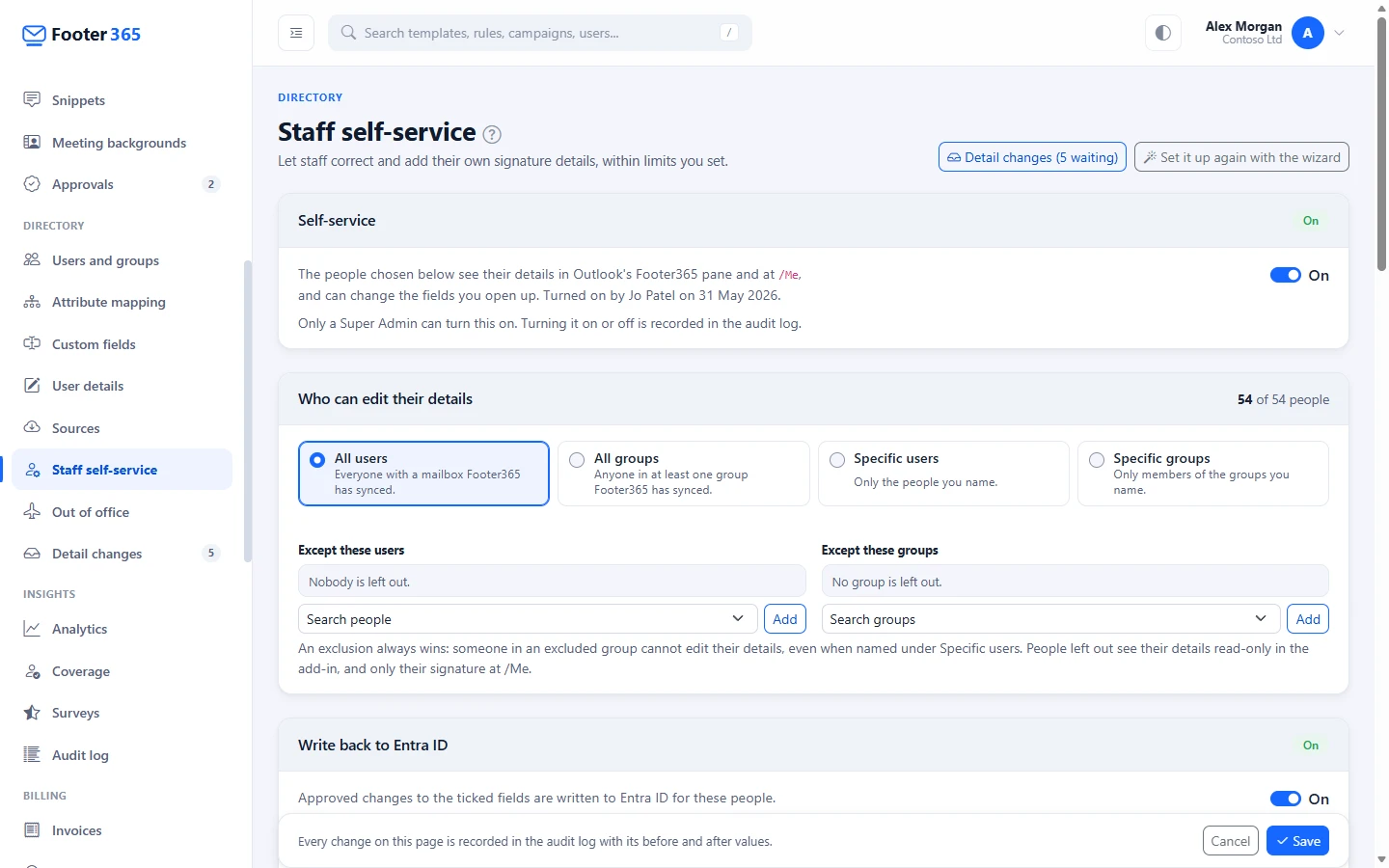 The Staff self-service page switched on, with who can edit their details, the write back card and the field policies table