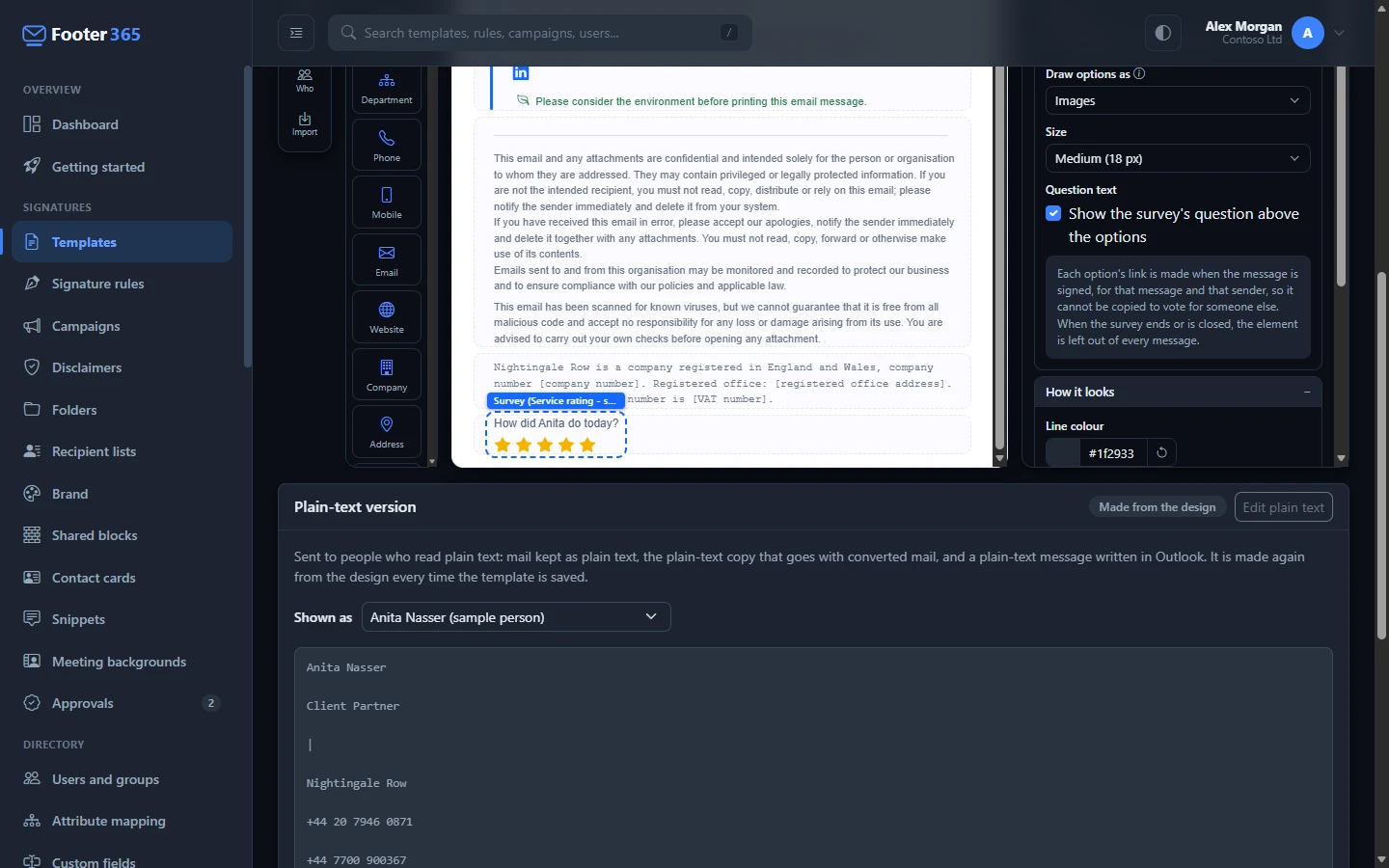 The signature editor with a Survey element selected on the canvas, showing five stars under its question, and its settings on the right