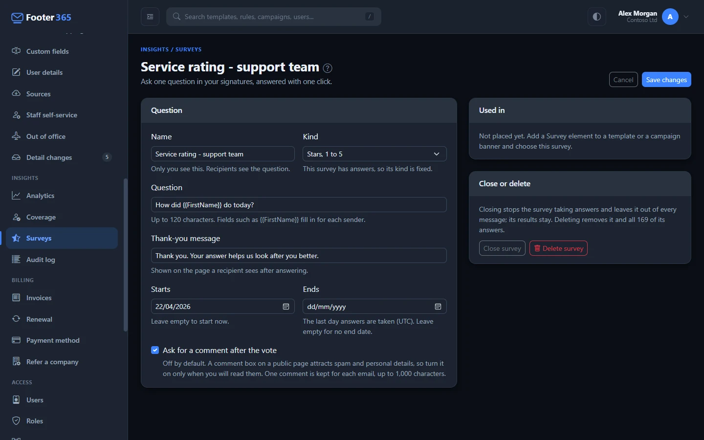 A survey's settings with its name, kind, question, thank-you message, dates and comment setting, and the cards beside them