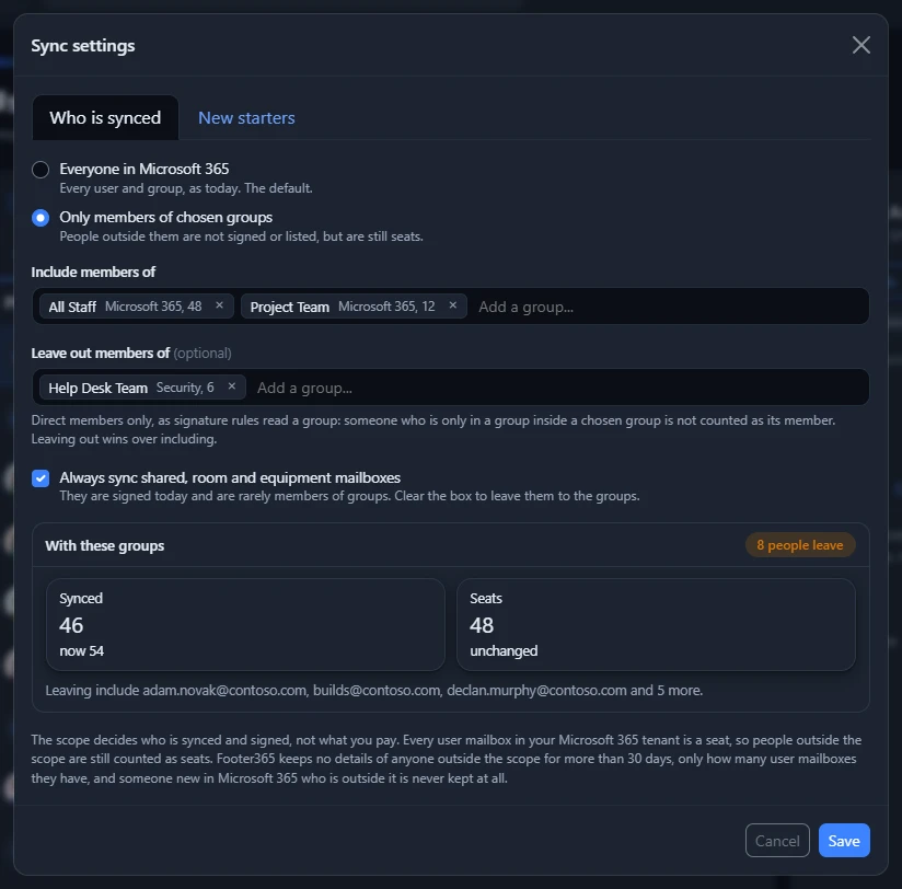 The Sync settings window, with the groups to include and to leave out and how many people they would sync