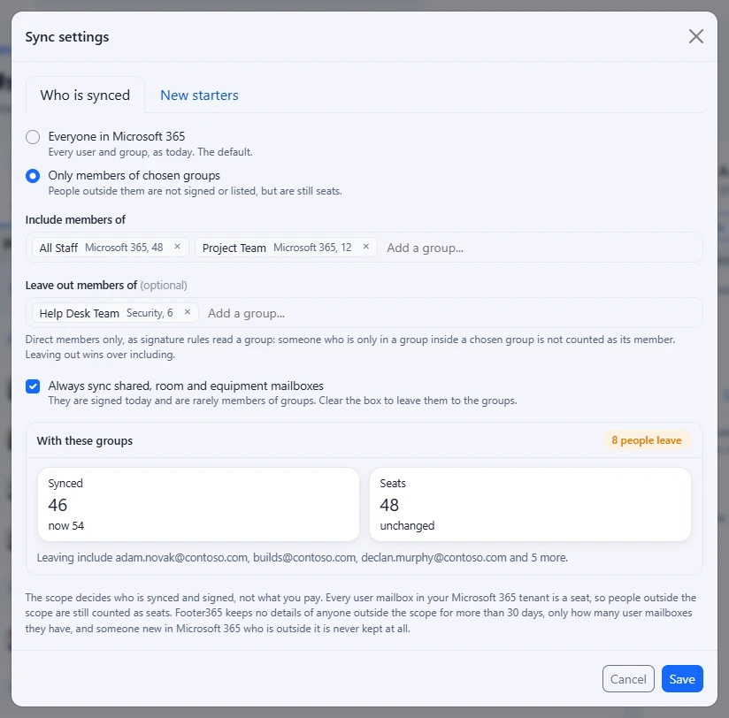The Sync settings window, with the groups to include and to leave out and how many people they would sync