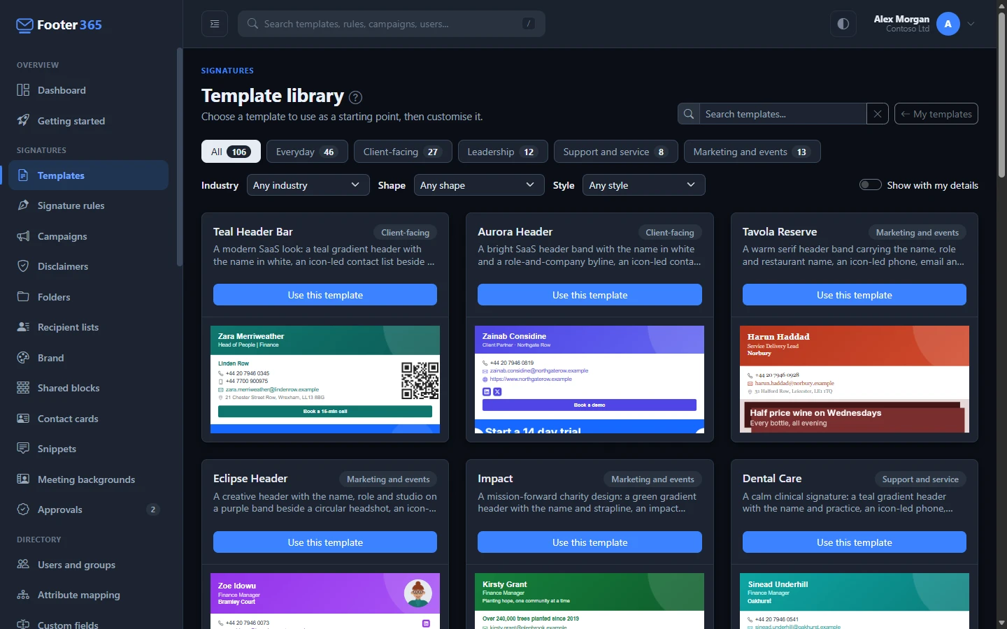 The Template library with purpose buttons, filters and template cards