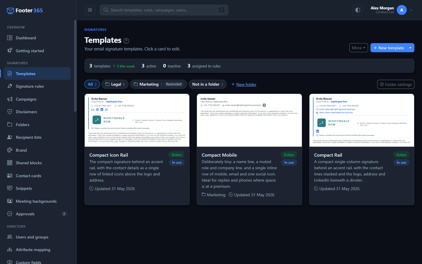 The Templates page with its summary figures and template cards