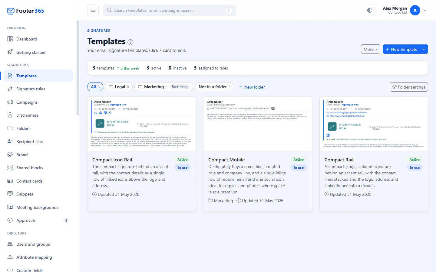 The Templates page with its summary figures and template cards