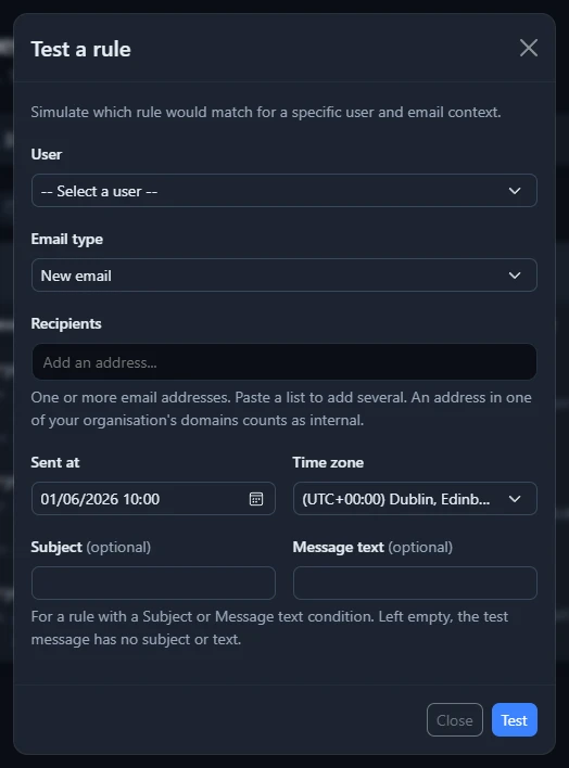 The Test a rule window for choosing a person, an email type, recipients and a send time