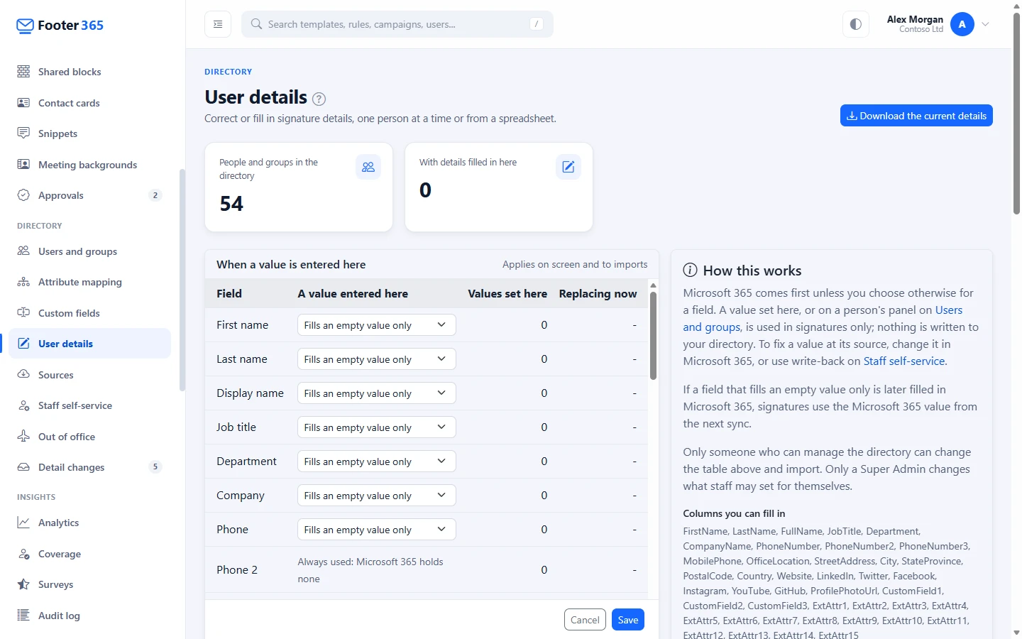 The User details page with its summary figures, the When a value is entered here card and the How this works card