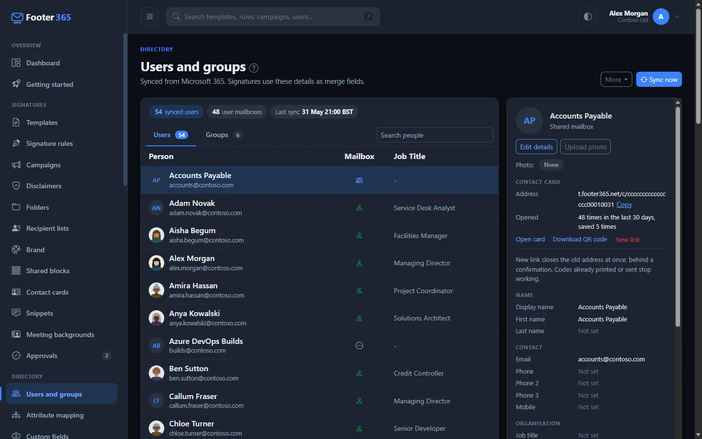 The Users and groups page with its figures above the list, the details of one person beside it, and the Sync now button