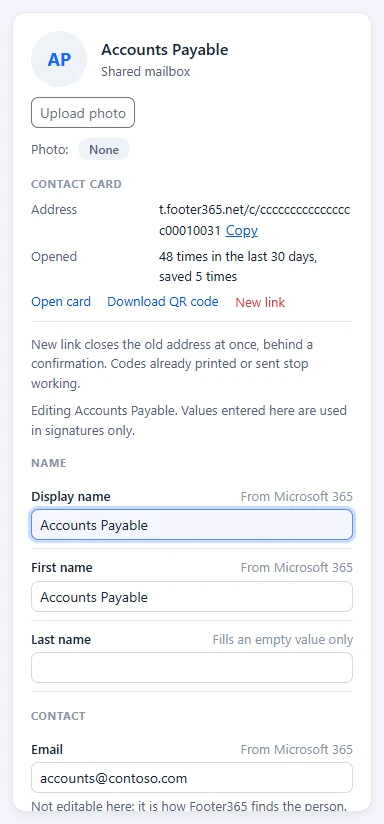 The person panel on Users and groups as an edit form