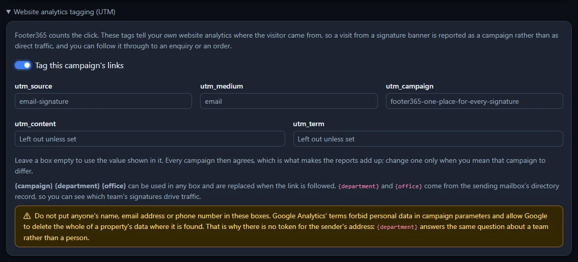 The Website analytics tagging (UTM) section opened, with the switch to tag the campaign's links and the boxes for each tag