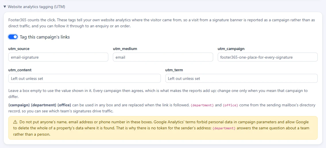The Website analytics tagging (UTM) section opened, with the switch to tag the campaign's links and the boxes for each tag