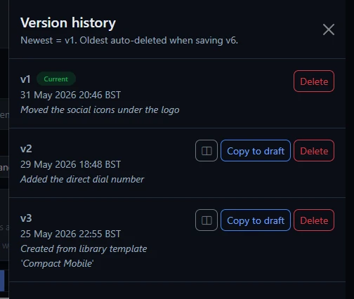 The Version history panel listing saved versions with Restore and Delete