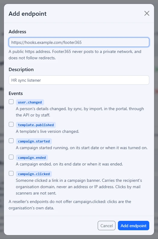 The Add endpoint window with the address, a description and the events to send
