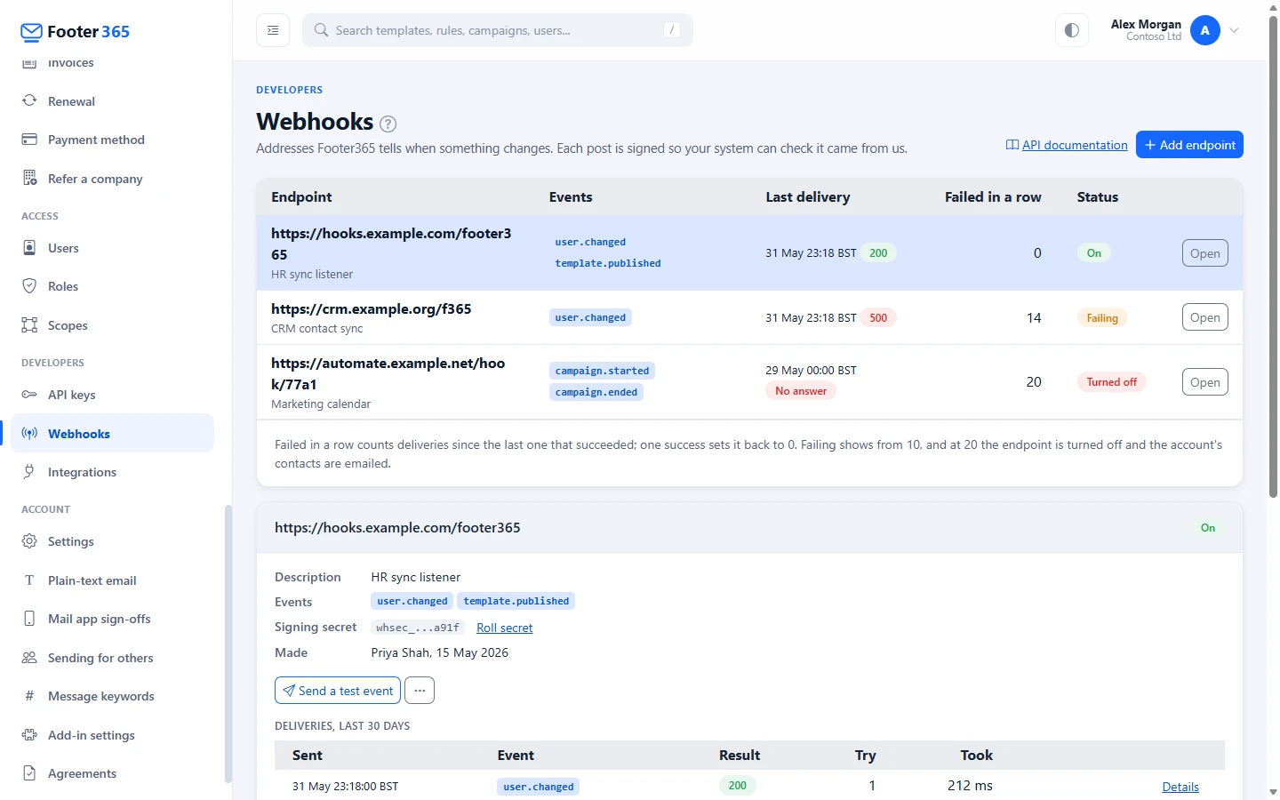 The Webhooks page listing three endpoints with their events, last delivery, failures in a row and status, and the first endpoint opened with its signing secret and delivery log